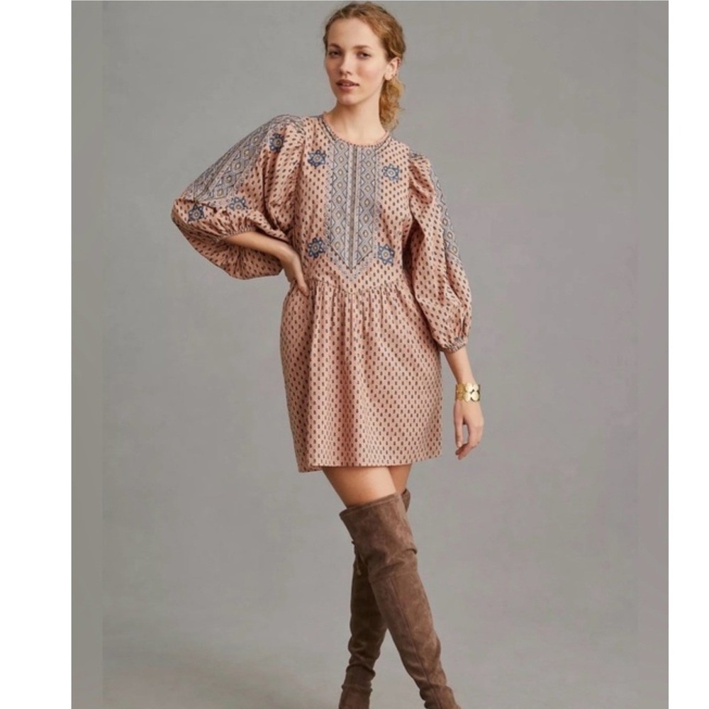 Anthropologie Embroidered Puff Sleeve Mini Dress Peach Blue Boho XS